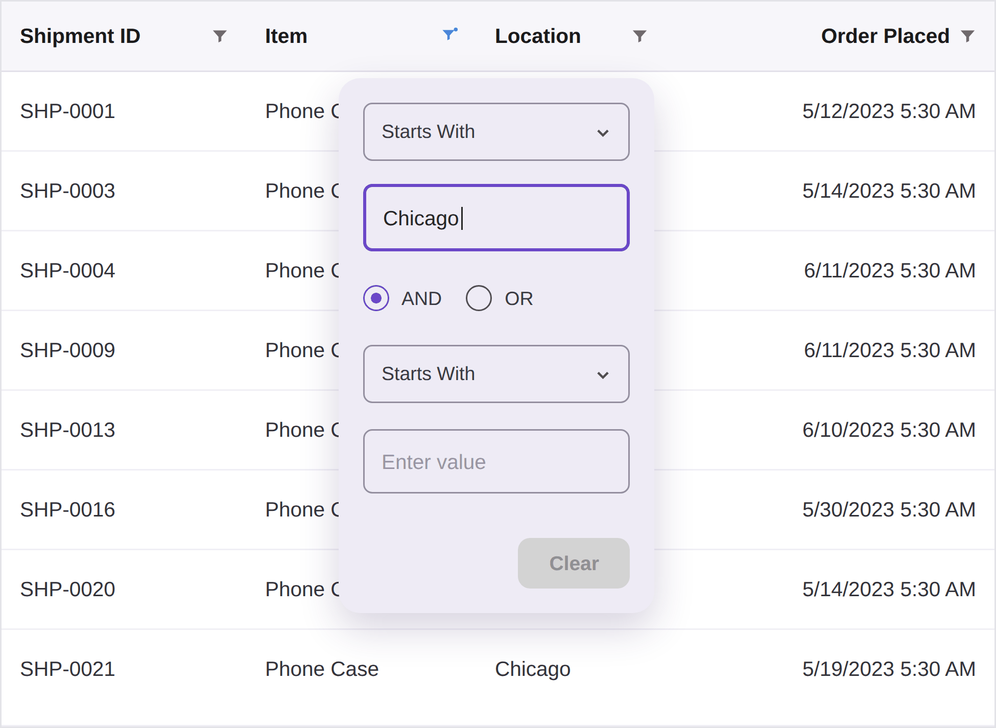 React DataGrid menu filter