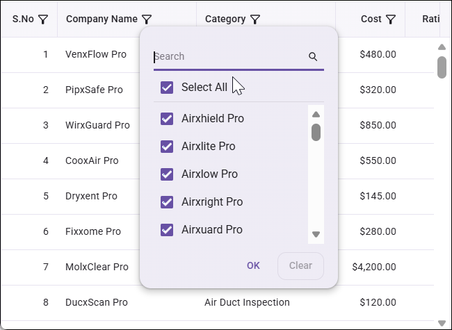 React Data Grid Checkbox filter