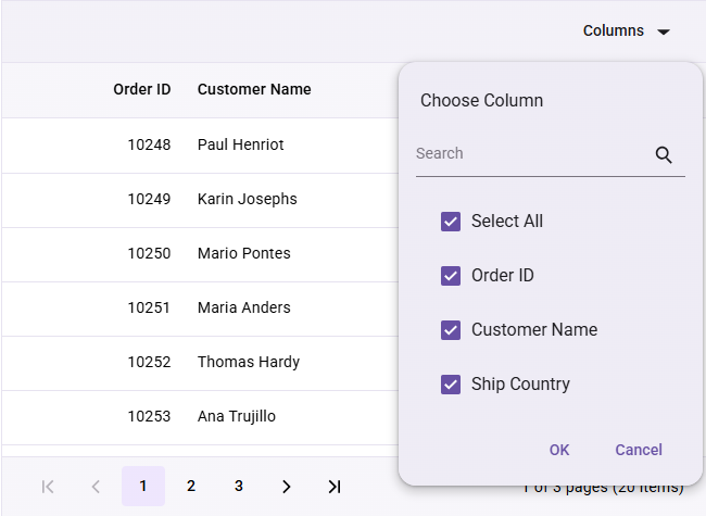 React DataGrid column chooser