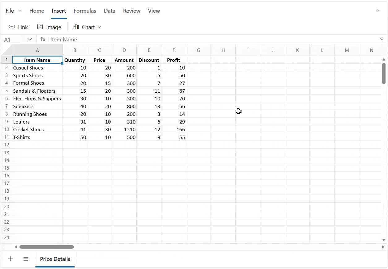 Web Spreadsheet Editor discontinuous Chart
