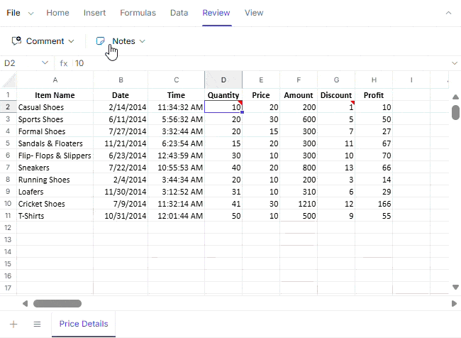 Web Spreadsheet Editor notes in the Ribbon