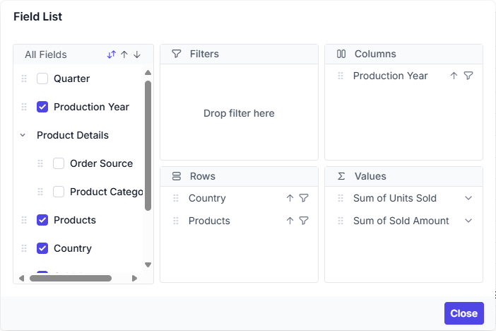 Hierarchical field list in server-side engine