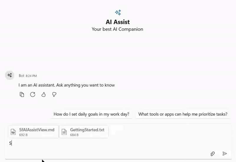 Input toolbar header template support in WinUI AI AssistView control